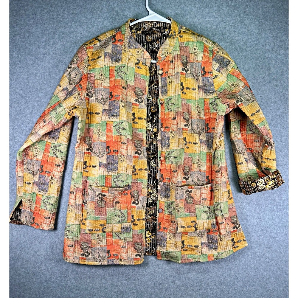 Womens Reversible Quilted Floral Button Front MidLength Jacket Size L Two Pocket